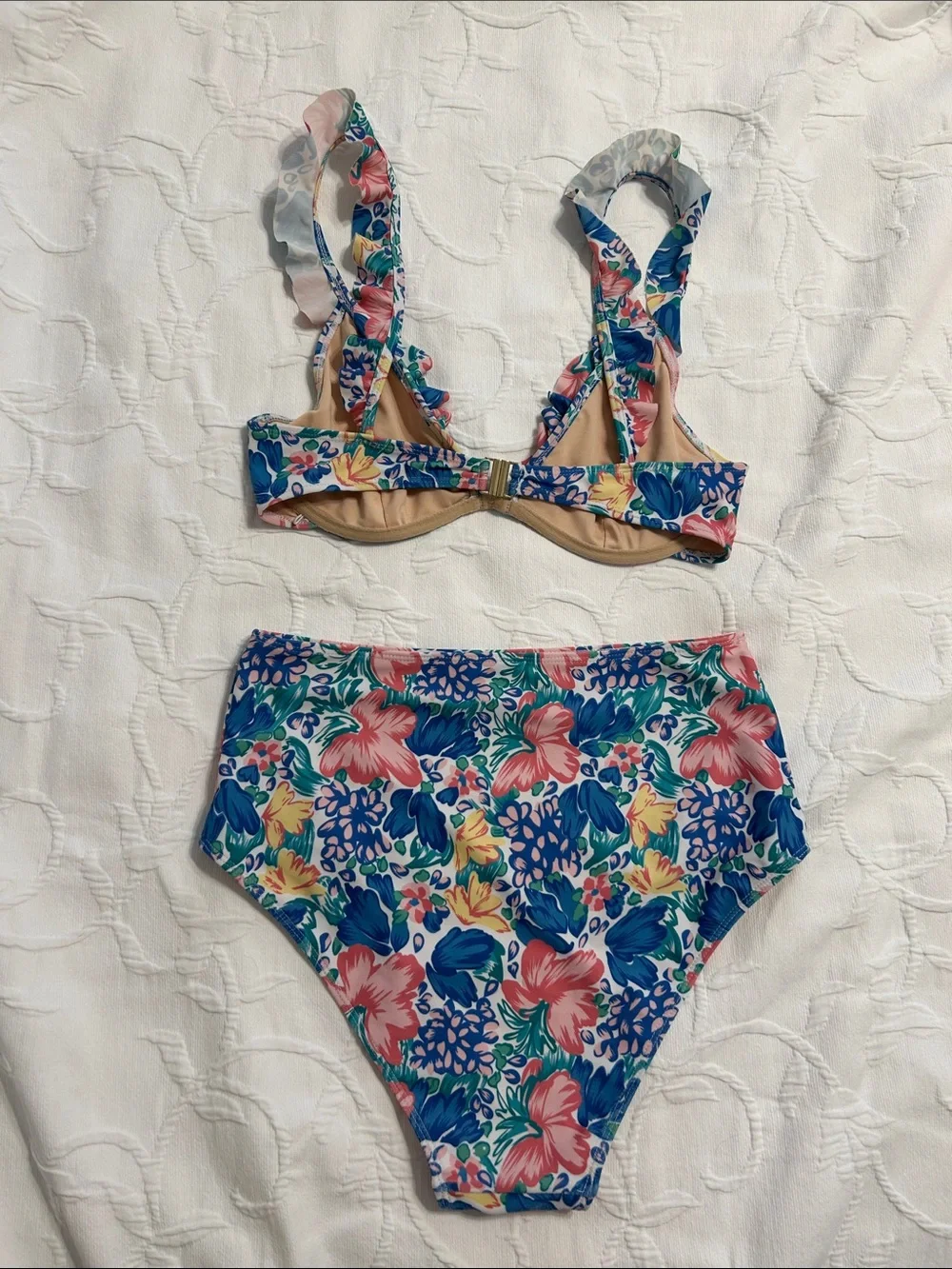 Faithful The Brand Ruffle-Shoulder Floral High-Waist Bikini in Blue & Pink